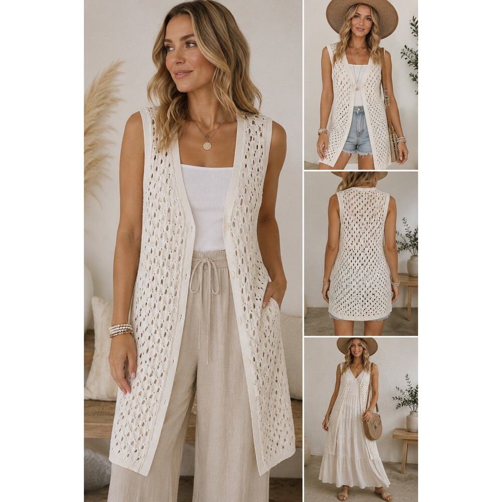 Love Nadi Crochet Knit Long Vest Sleeveless Boho Festival Duster M